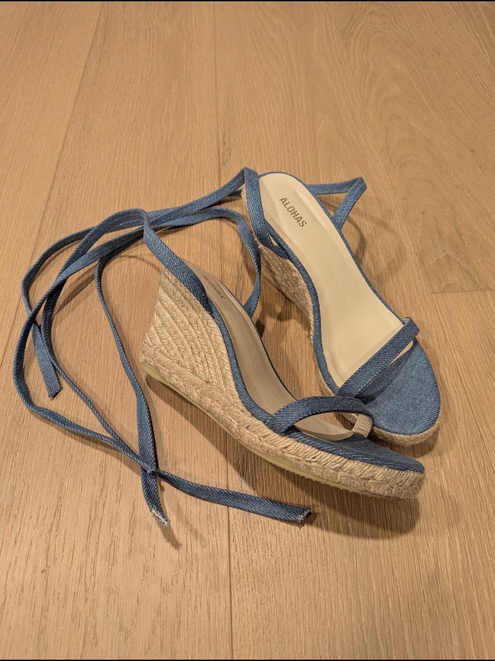 ALOHAS Blue Denim Wedge Espadrille Sandals with Lace-Up Ankle Tie